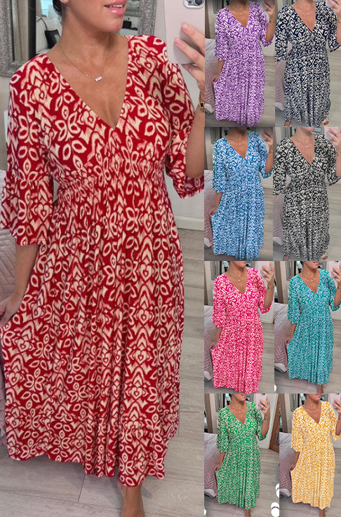 🔥 Vânzare Fierbinte 🧡 Rochie Lungă Casual cu Imprimat Bohemian și Guler în V