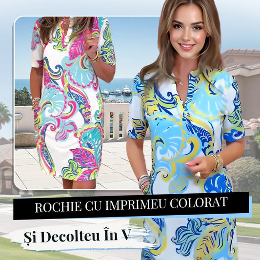 Rochie colorată imprimată cu decolteu în V