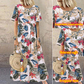 👗 Nou stil rotund gât rotund gât Casual Femei Retro imprimat Loose fusta lungă