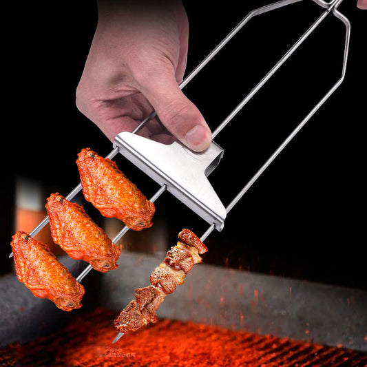 🔥 Skewers de grătar cu 3 căi🥩Furculiță semi-automată din oțel inoxidabil pentru grătar🍖