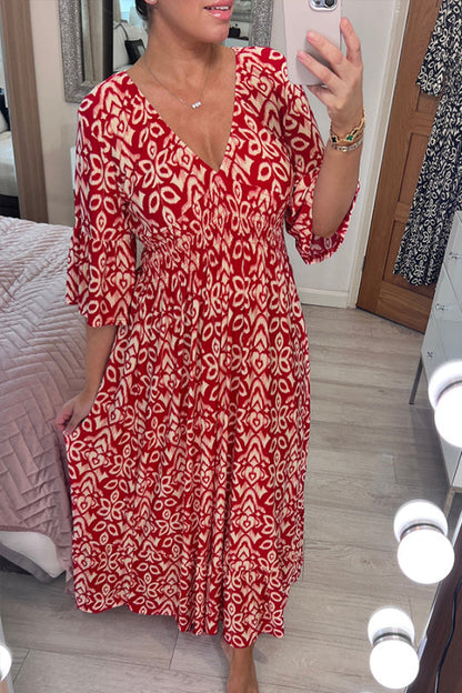 🔥 Vânzare Fierbinte 🧡 Rochie Lungă Casual cu Imprimat Bohemian și Guler în V