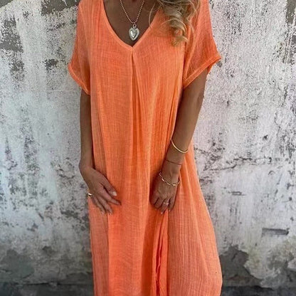 💕 Ce ar trebui să port mâine? 🔥 Rochie Midi Casual din Bumbac și In cu Guler în V
