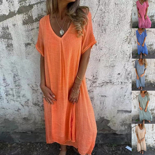 💕 Ce ar trebui să port mâine? 🔥 Rochie Midi Casual din Bumbac și In cu Guler în V