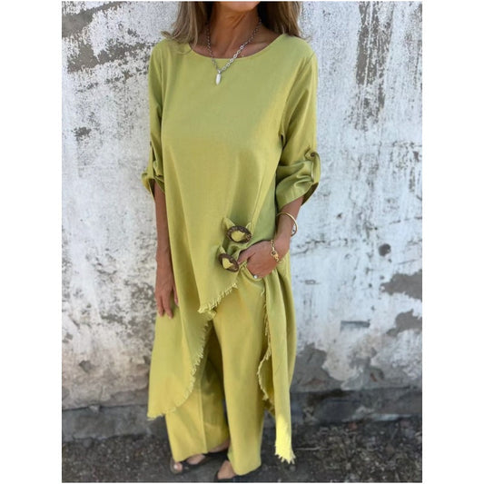 Primăvară și vară rochie nouă din bumbac și in + pantaloni set din două piese