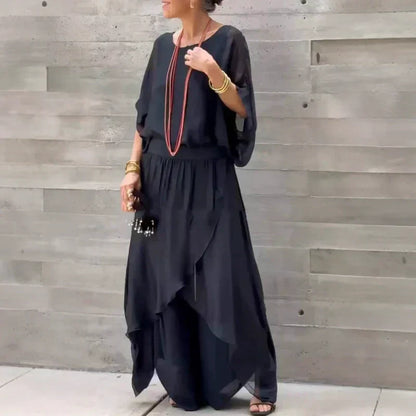 💖Top lejer și pantaloni cu picioare largi șifon 2 piese