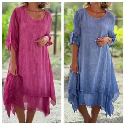 💕Rochie elegantă dublu strat din in natural cu decolteu rotund