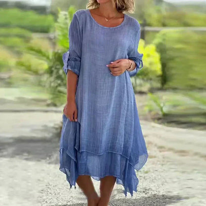 💕Rochie elegantă dublu strat din in natural cu decolteu rotund