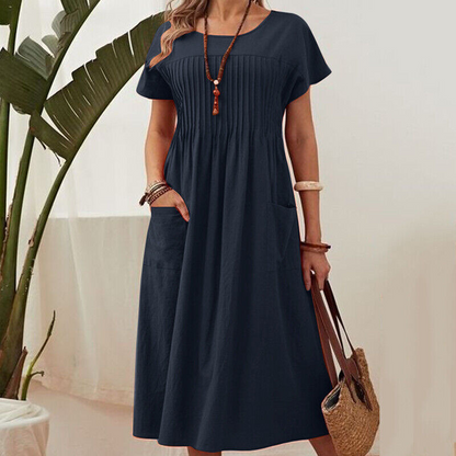 👗Rochie plisată pentru femei cu mâneci scurte și buzunare💃
