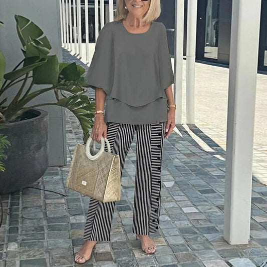 👚  Costum casual pentru femei: Top cu gât rotund și pantaloni imprimați🌿
