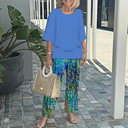 👚  Costum casual pentru femei: Top cu gât rotund și pantaloni imprimați🌿