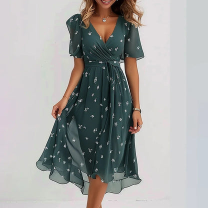 🔥 Rochie elegantă cu decolteu în V șifon imprimat✨
