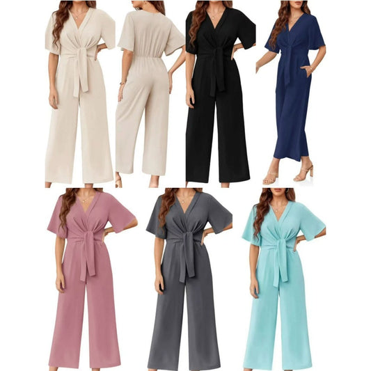 💖VÂNZARE FIERBINTE DE VARĂ💖Femei Elegant V-Neck Picior Larg Talie Cravată Jumpsuit