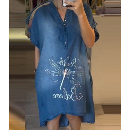 💖Rochie casual din denim imprimată cu decolteu în V