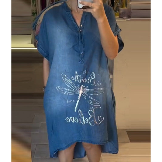 💖Rochie casual din denim imprimată cu decolteu în V