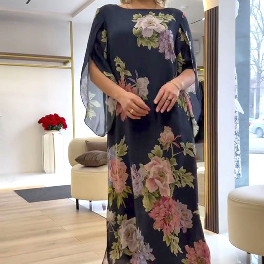 Rochie lungă elegantă, cu guler rotund și imprimeu