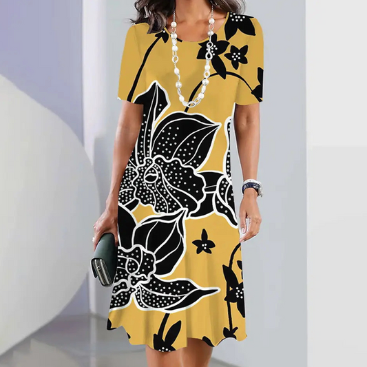 🌺[S-4XL]🌿Rochie midi cu guler rotund și imprimeu pentru femei👗