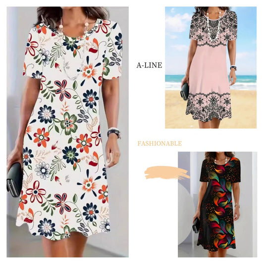 Rochie la modă în linie A cu imprimeu